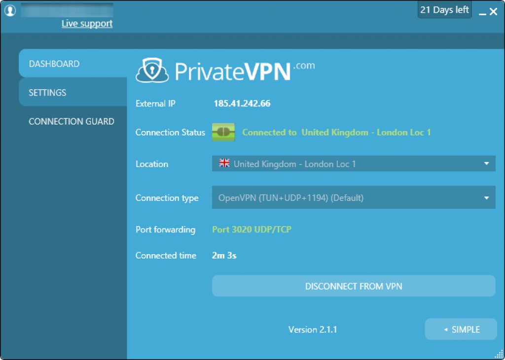 privatevpn connected advanced interface