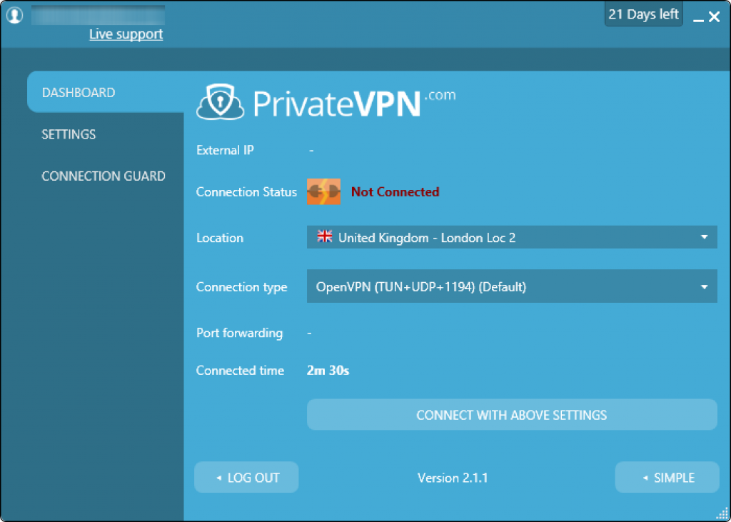 interface avancée de révision de privatevpn