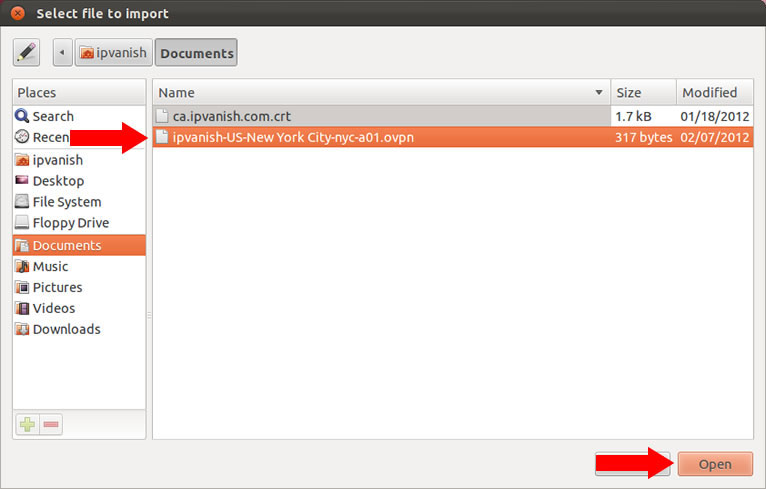 import file Ubuntu vpn window